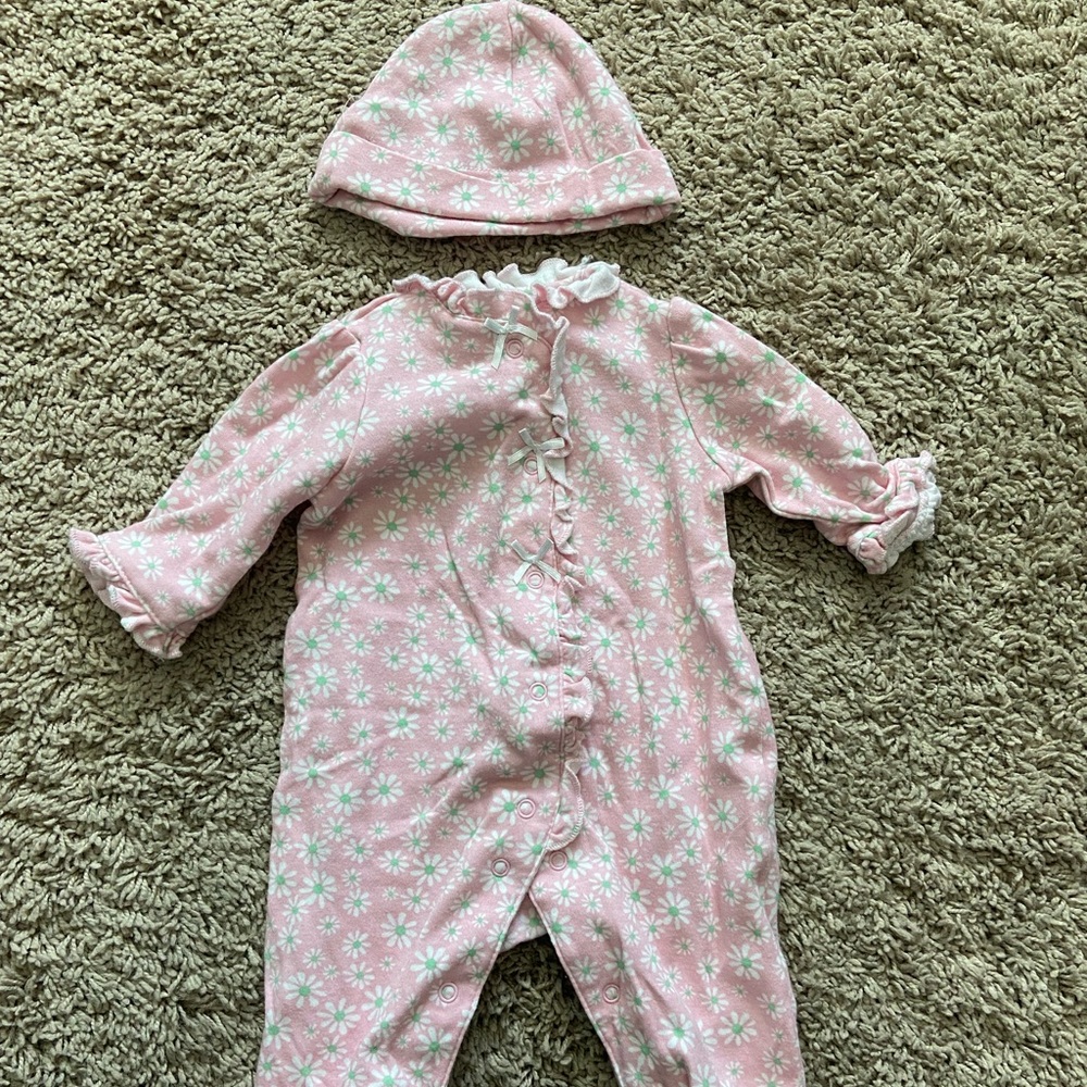 Little Me Pink & White 2 Piece Footed Onesie with Matching Hat